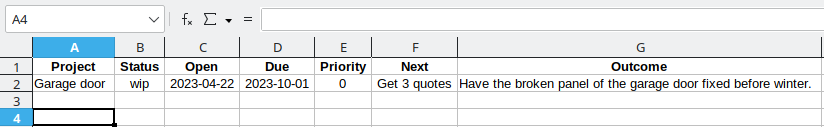 Project List Spreadsheet Example